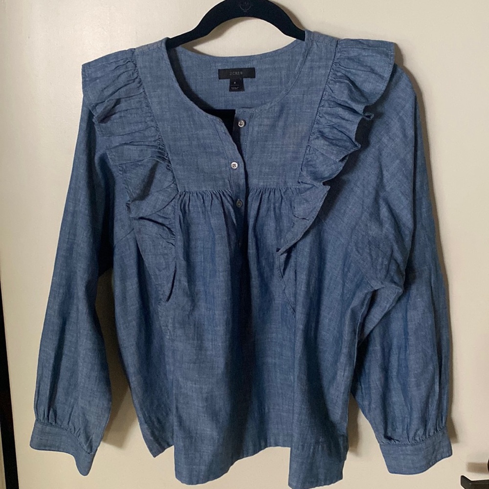 Jcrew voluminous chambray top with ruffles